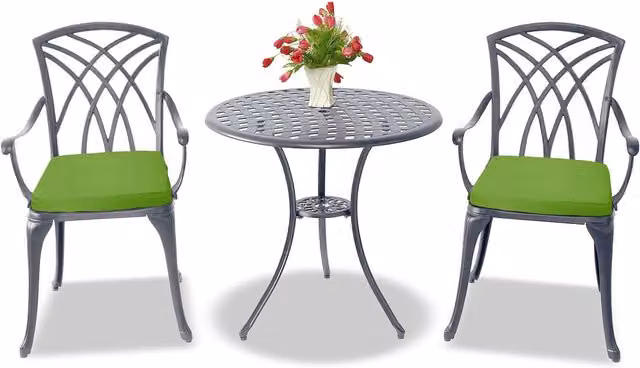 OSHOWA Grey Metal Garden Bistro Set with Table and 2 Chairs featuring Green Cushions