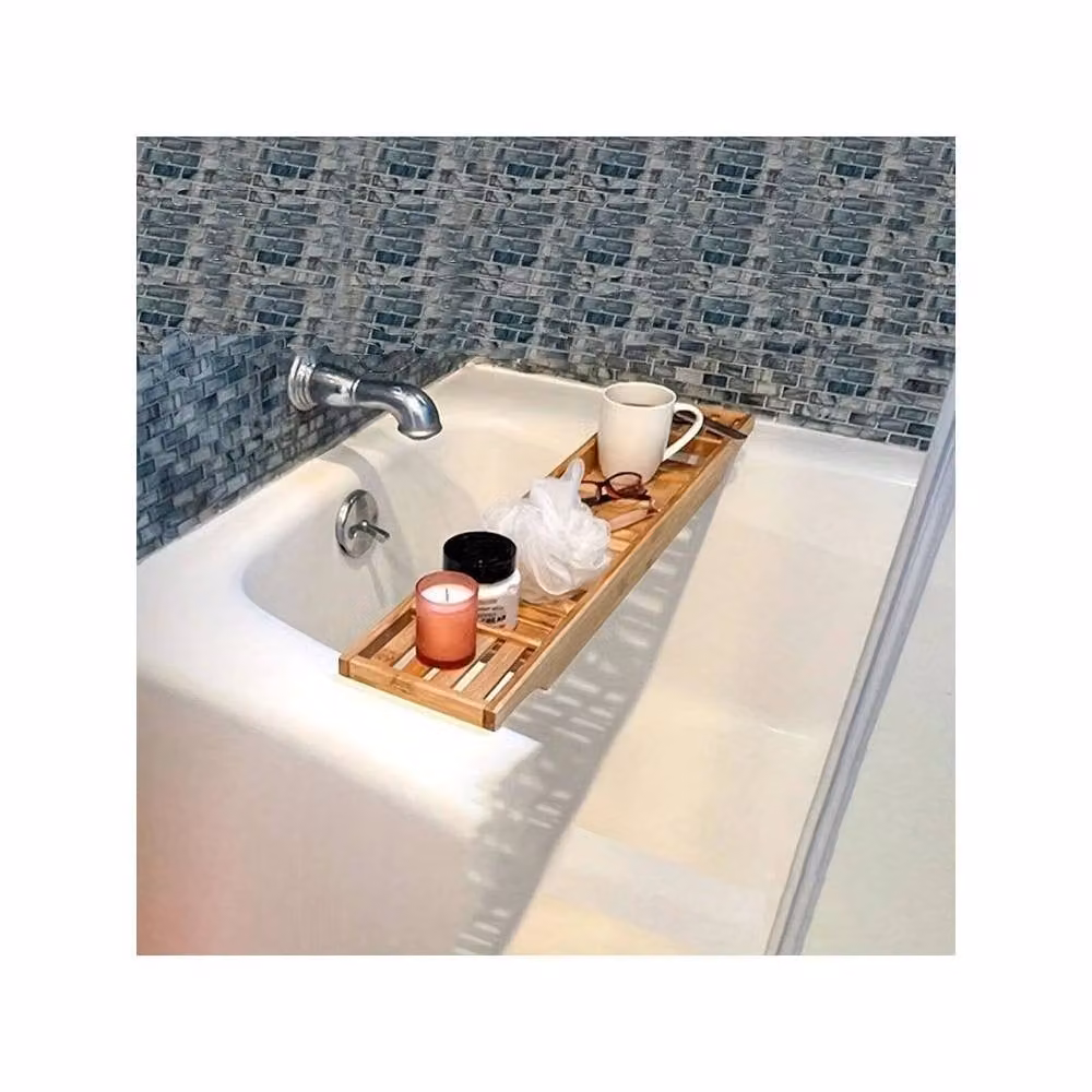 SPETLEK Bamboo Wooden Bath Caddy Tray and Bathtub Shelf in Natural Brown and Beige – 3