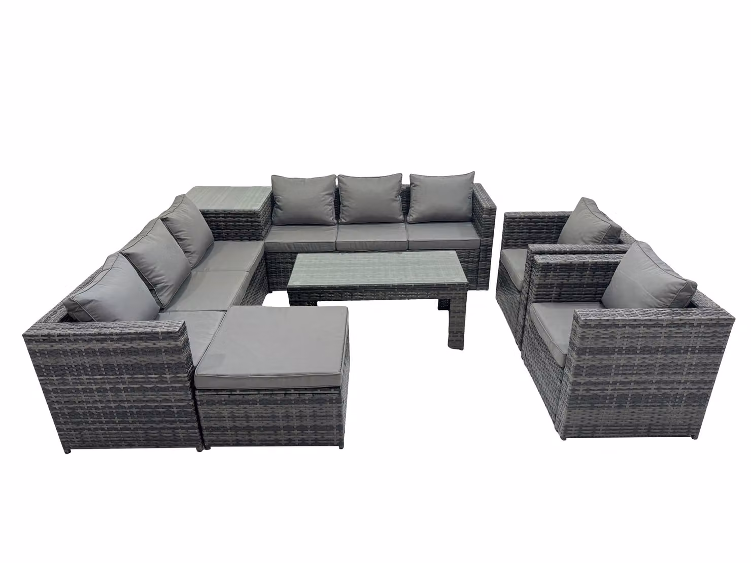 Fimous 9 Seater Rattan Garden Furniture Set in Dark Grey with Upholstered Cushions, Ottoman and Coffee Table – 2