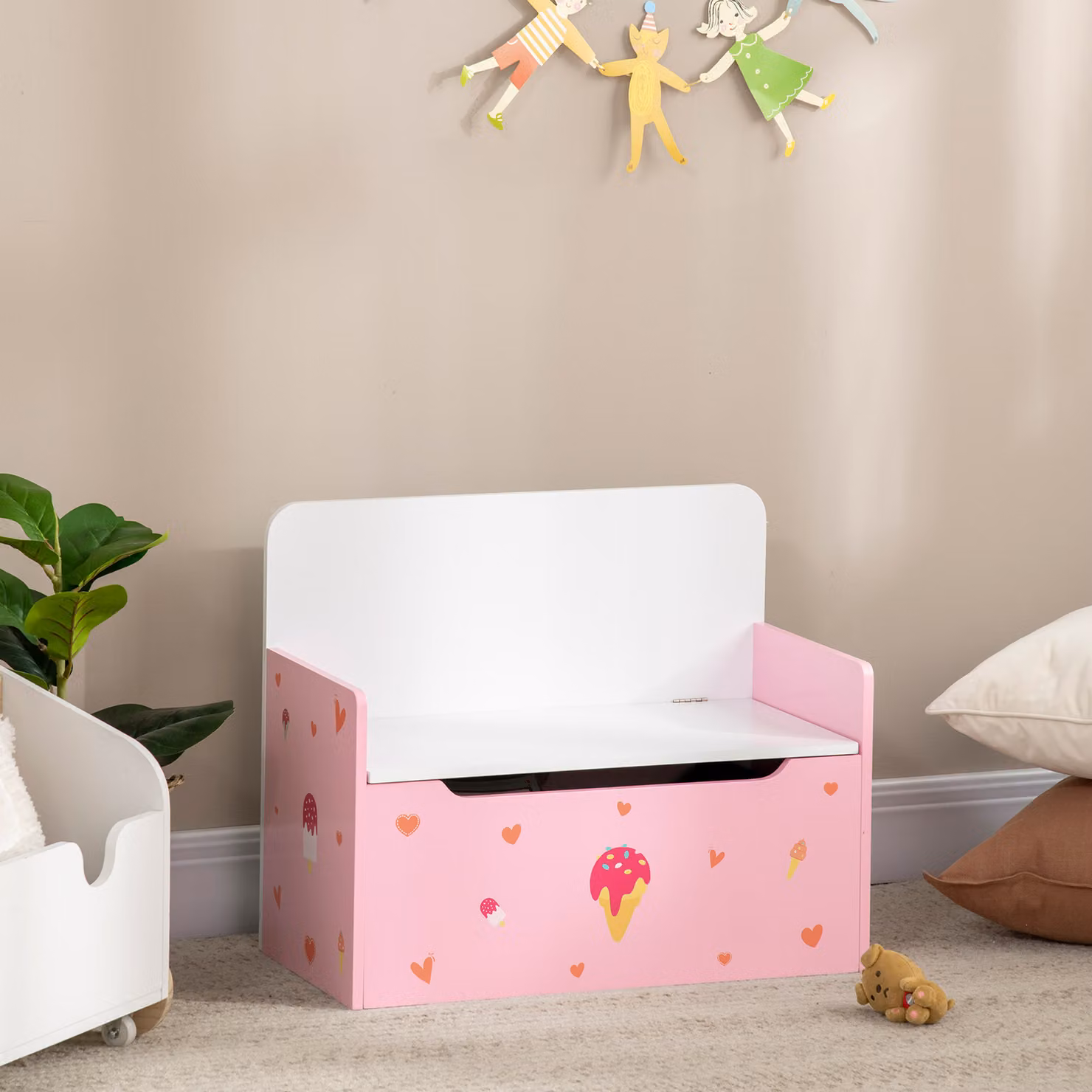 ZONEKIZ Dual-Purpose Wooden Toy Chest Storage Bench with Soft-Close Lid, Pink – 2