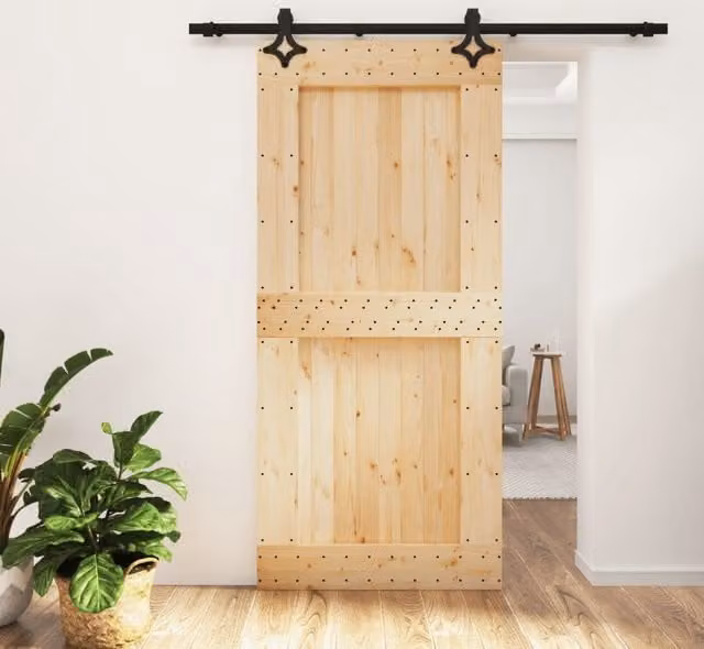 Berkfield Home Rustic Solid Wood Pine Sliding Door with Hardware Set, Brown, W: 95 cm, H: 210 cm – 1