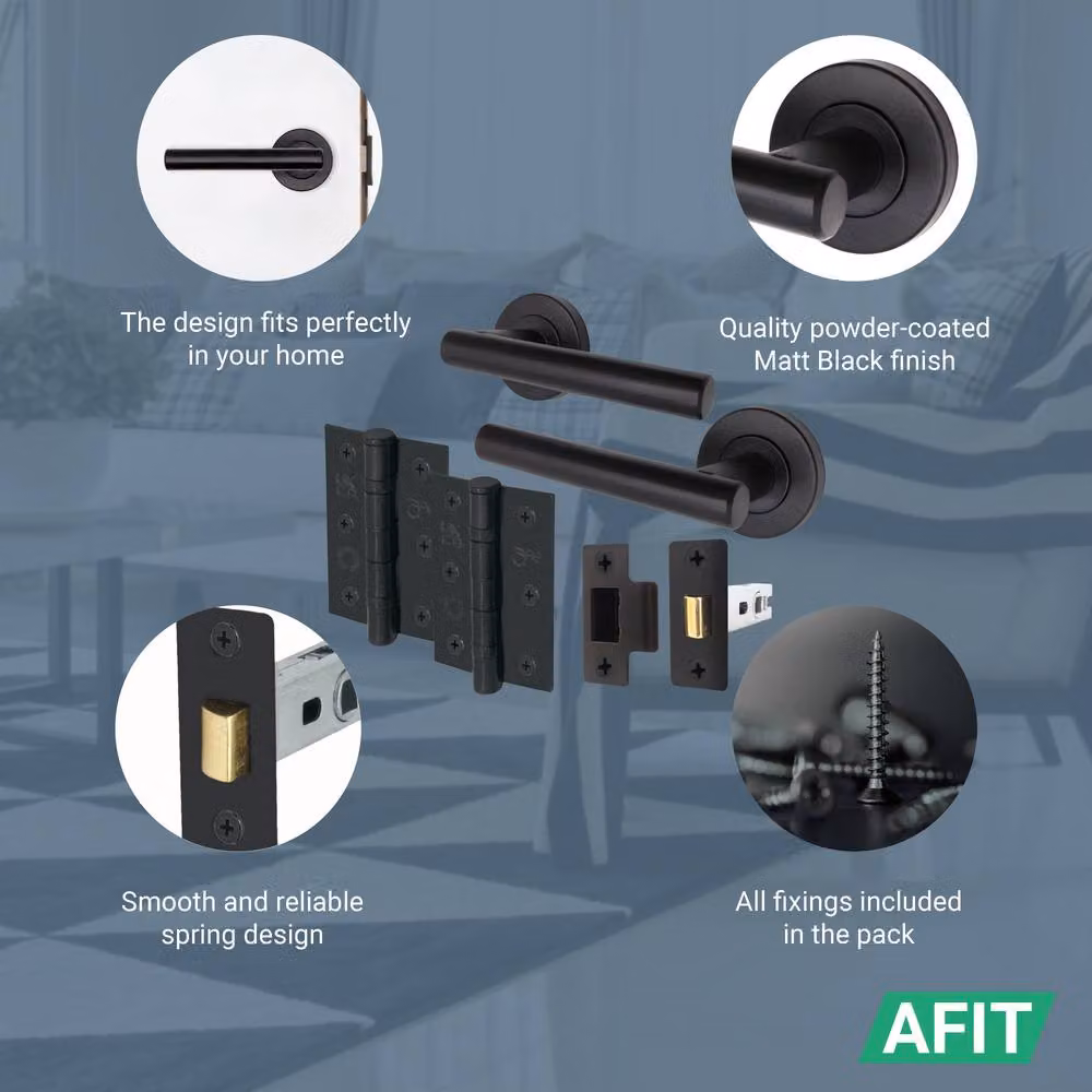 AFIT Black T-Bar Door Handles with Round Rose and Latch Hinges, 3 Pack, W/D/H: 15 x 15 x 15 cm – 3