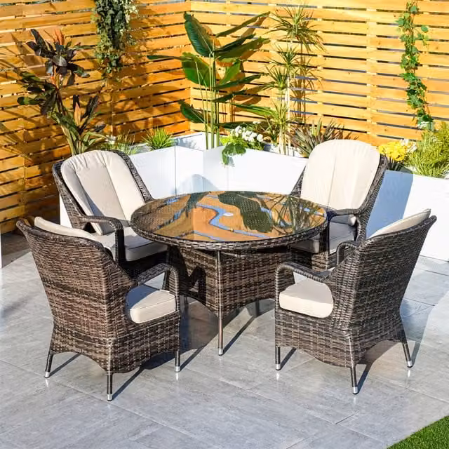 Abrihome 4 Seater Round Garden Dining Table and Chairs Set with Glass Top, Brown, Diameter: 120 cm, Height: 72 cm