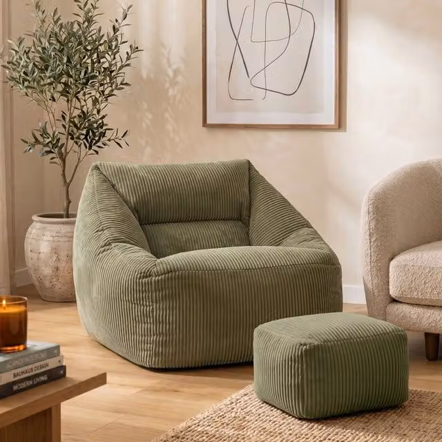 icon Natalia Cord Bean Bag Chair and Footstool Bundle in Green
