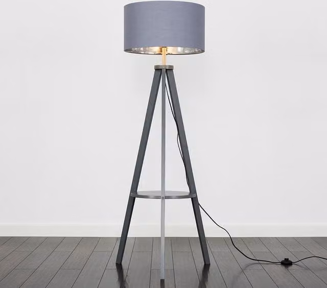 Morrigan Wood Tripod Floor Lamp with Silver Metallic Inner Shade and Bulb in Grey