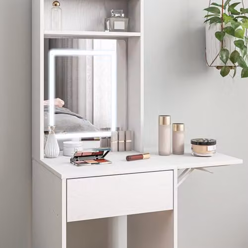 HOMCOM Modern White Drop Leaf Dressing Table with LED Hollywood Mirror and Storage Shelves W/D/H: 100 x 45 x 152 cm – 4