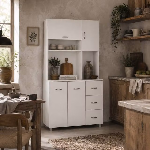 Wyld Haus White Tall Kitchen Cupboard with Doors and Drawers W: 100 cm, D: 39.5 cm, H: 183.5 cm