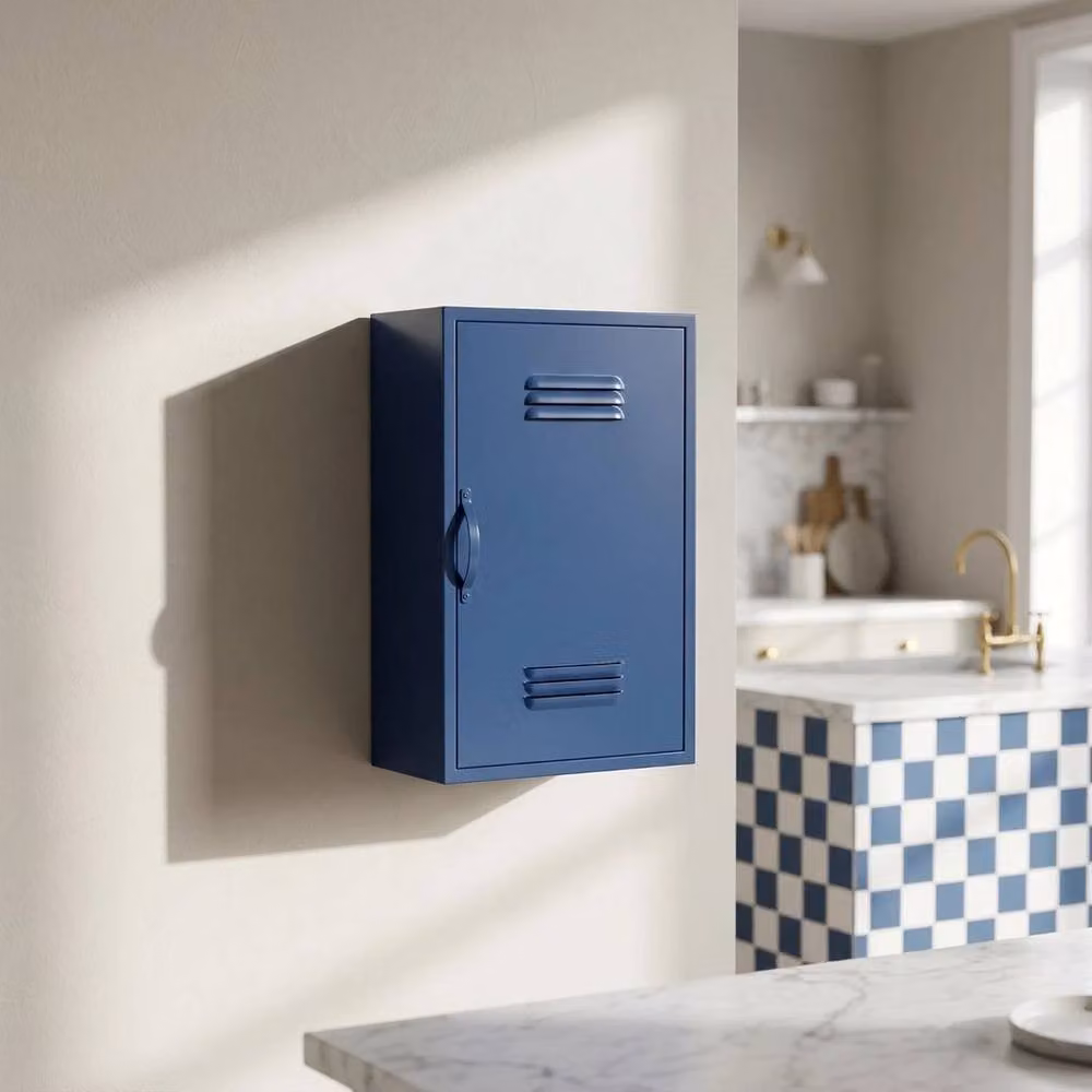 FLAVORA Blue Industrial Metal Wall Mounted Bathroom Locker with Internal Shelves and Hinged Doors – 2