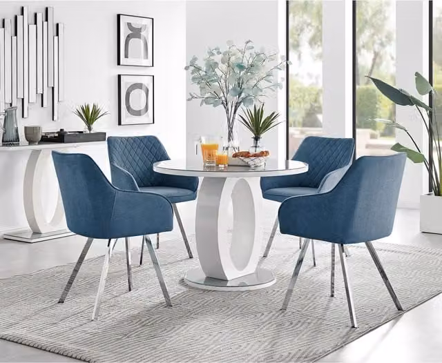 FurnitureboxUK Giovani Round Grey Glass Dining Table with 4 Blue Falun Silver Leg Chairs