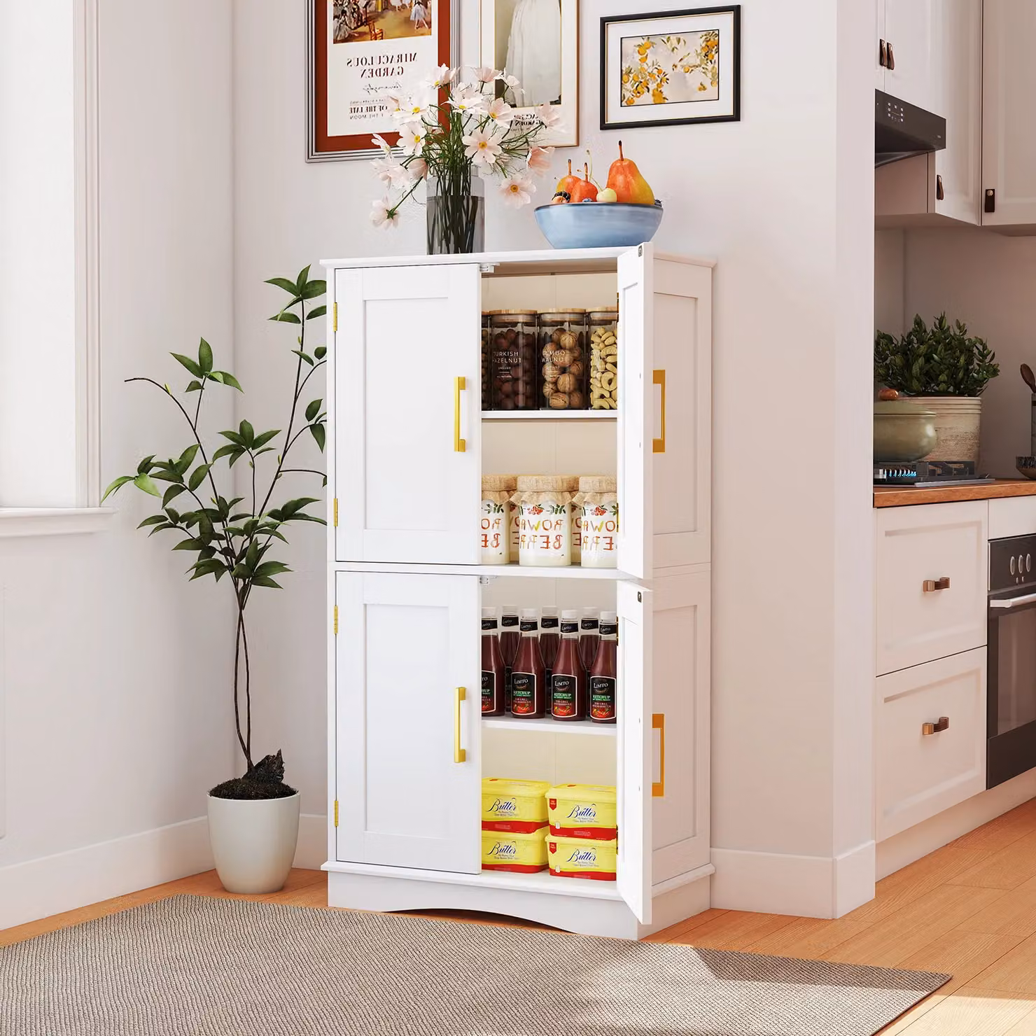 Costway Freestanding Bathroom and Kitchen Pantry Storage Cabinet in White with Gold Details – 2