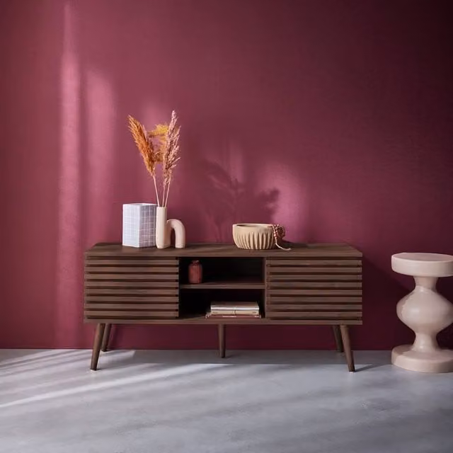 Sweekeec Scandinavian TV Unit with 2 Doors and Grooved Wooden Effect in Dark Brown, W: 120 cm, H: 51.5 cm, D: 39 cm