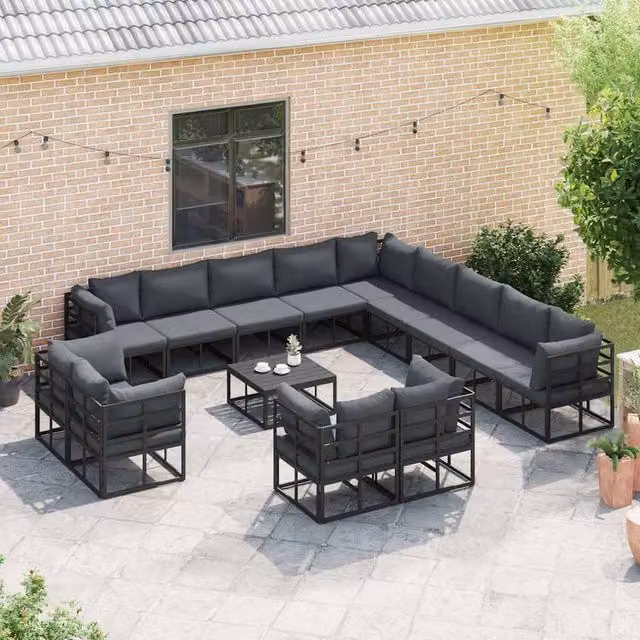Berkfield Home 14-Piece Garden Sofa Set in Black Powder Coated Aluminium with Upholstered Cushions, W/D/H: 70 x 70 x 32 cm – 1