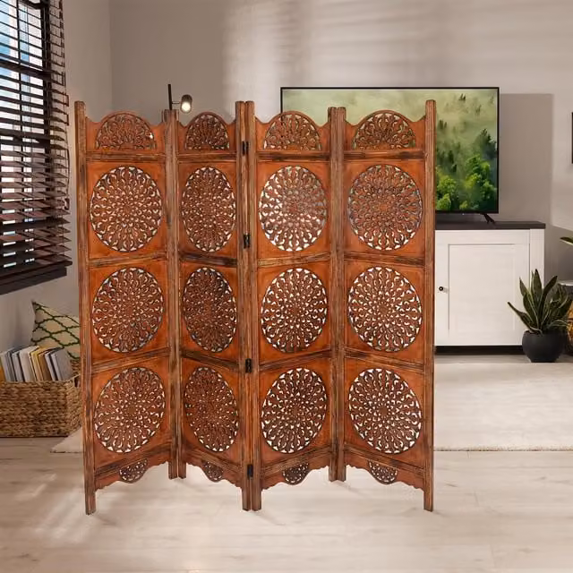 Topfurnishing 4 Panel Heavy Carved Wooden Room Divider Screen in Brown and White with Geometric Oriental Design