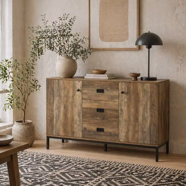 Wyld Haus Modern Mango Wood Effect Sideboard with 3 Drawers and 2 Doors in Brown and Black, W: 120 cm