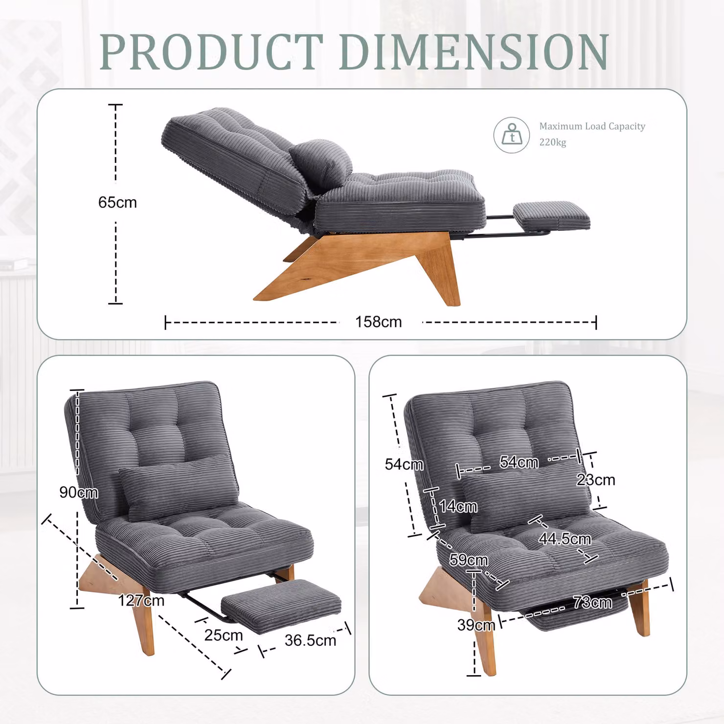 Aosom Dark Grey Reclining Accent Chair with Foldable Ottoman and Lumbar Pillow, L: 127 cm, W: 73 cm, H: 90 cm – 2