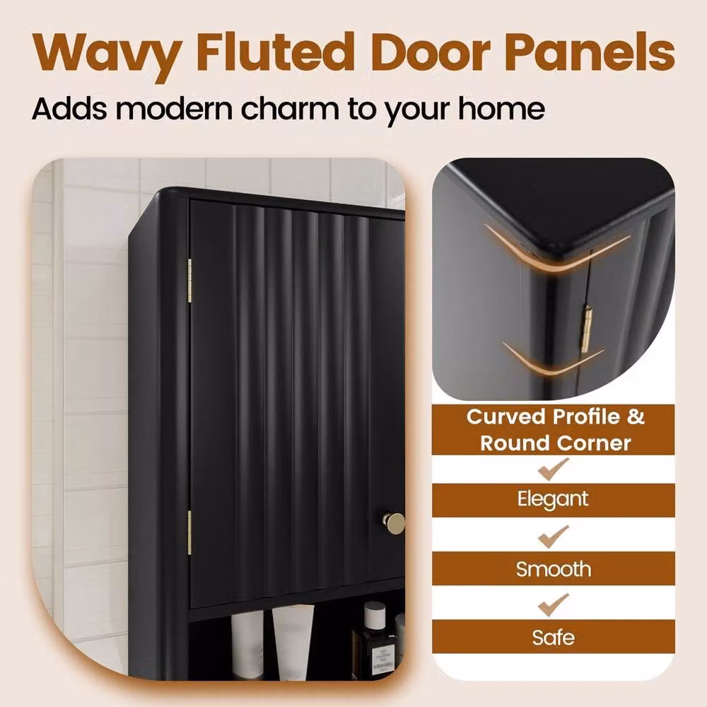 VOGREX Black Matt Wall Mounted Over-Toilet Storage Organizer with Hinged Doors and Internal Shelves – 5