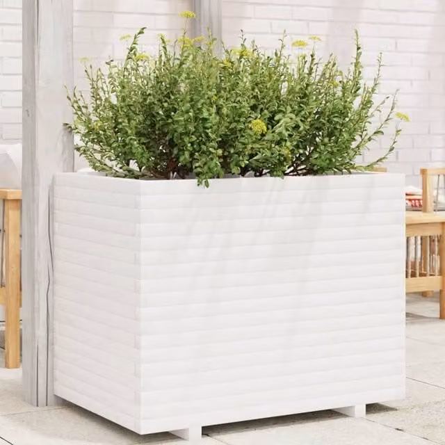 Berkfield Home White Solid Wood Pine Garden Planter Tub W: 90 cm, D: 60 cm, H: 72 cm