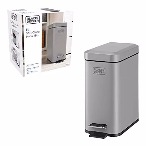 BLACK+DECKER BXBN00013E 5L Grey Stainless Steel Pedal Bin with Soft Close Lid and Removable Inner Bucket, W: 30 cm, D: 14 cm, H: 29 cm – 3
