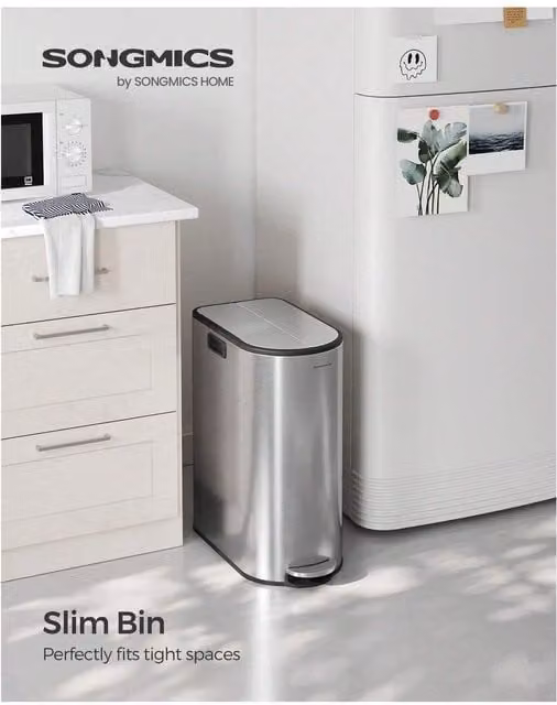 SONGMICS Slim Dual-Compartment Kitchen Bin with Swing Lid in Silver