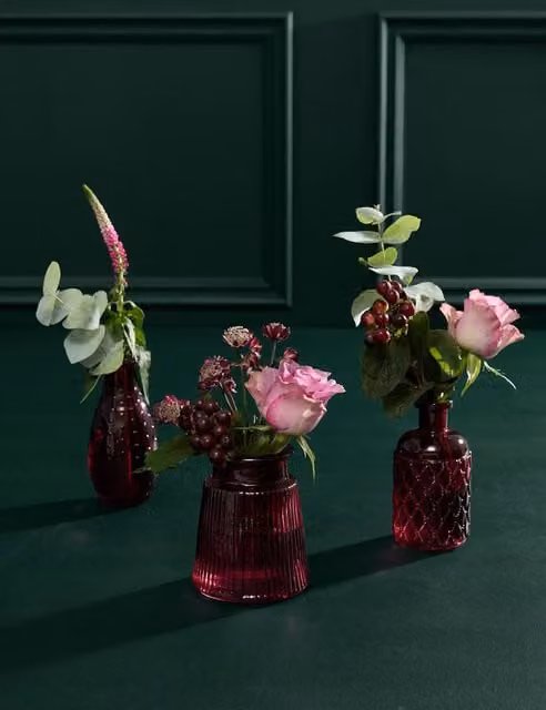 M&S Flower Market Autumnal Trio Tablescape Red Glass Round Mixed Floral Set