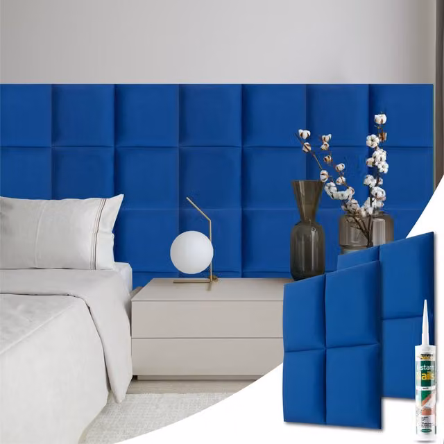 Novecrafto Set of 4 Soft Velvet Upholstered Wall Panels in Blue with Adhesive, W/D/H: 30 x 30 x 3 cm