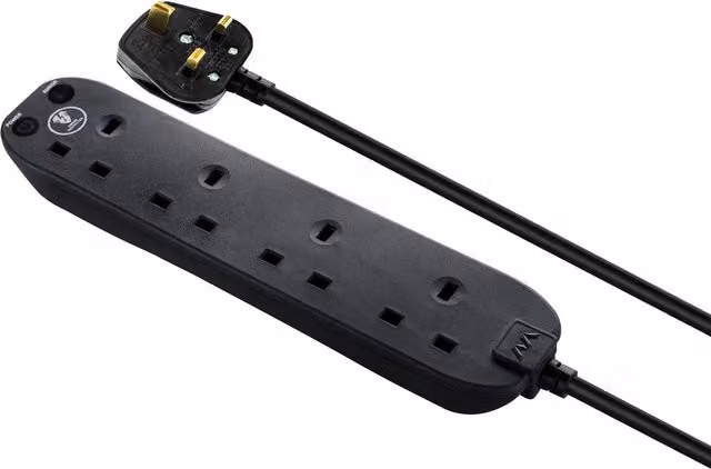 Masterplug 4 Socket 13A Surge Protected Extension Lead, 2m, Black