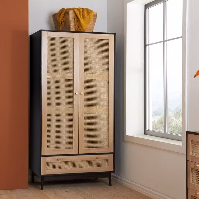 Birlea Croxley Mid Century Modern 2 Door Rattan Wardrobe with 1 Drawer in Black and Gold, H 180 cm x W 90 cm x D 42 cm