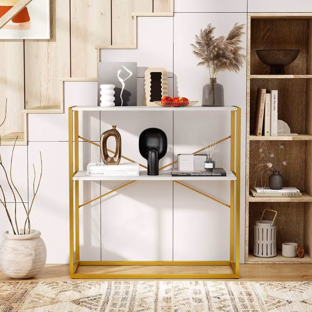 Gymax 2-Tier Modern Entryway Console Table with Marble Textured Open Shelves in White – 2