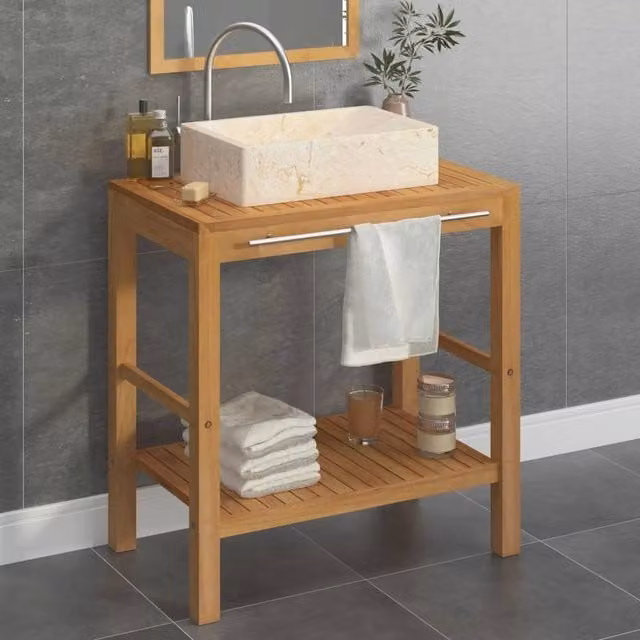 Berkfield Home Brown Solid Teak Bathroom Vanity Cabinet with Cream Marble Sink – 1