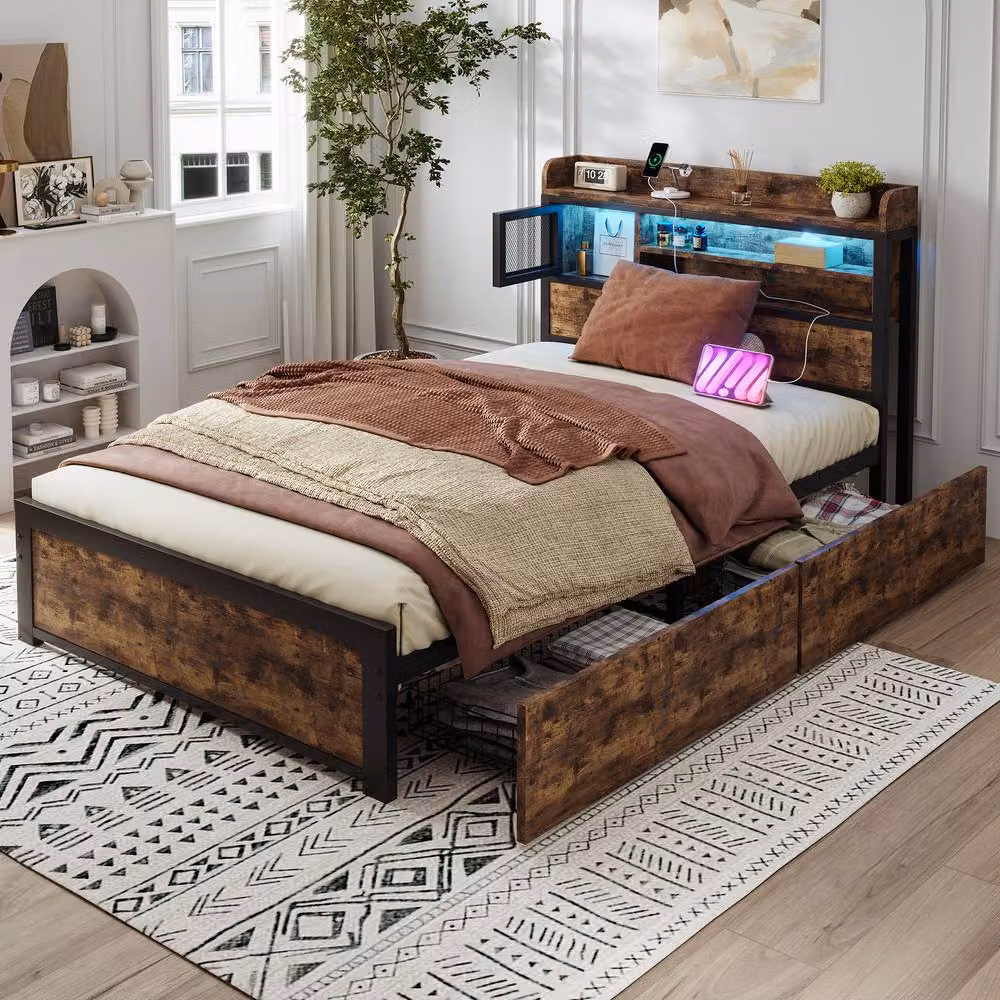 BTM Black Metal Bed with LED Under-Bed Lighting, 2 Drawers and USB Charging Ports, W/D/H: 140 x 200 x 83.5 cm – 2