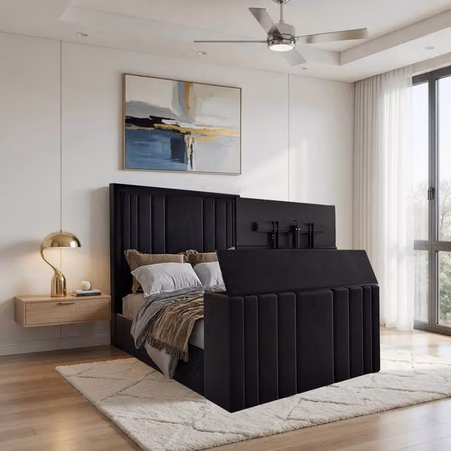 KDMD Ashburnham Bespoke Upholstered Soft Velvet TV Bed Frame in Black, W/D/H: 180 x 152 x 159 cm