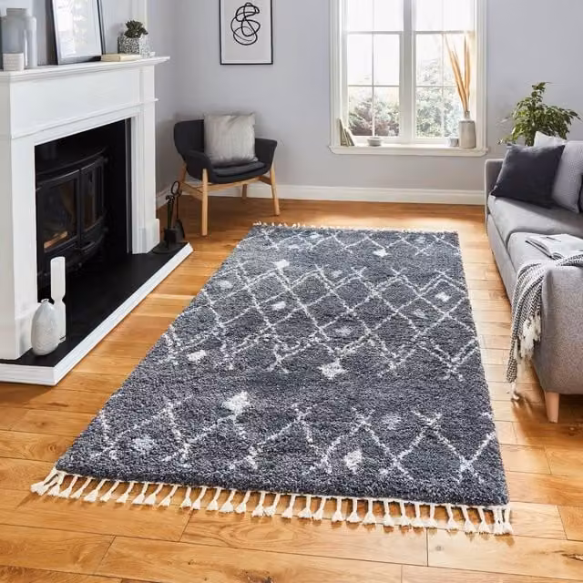 Think Rugs Aspen 1799 Moroccan Boho Rectangular Rug with Fringes in Grey Ivory