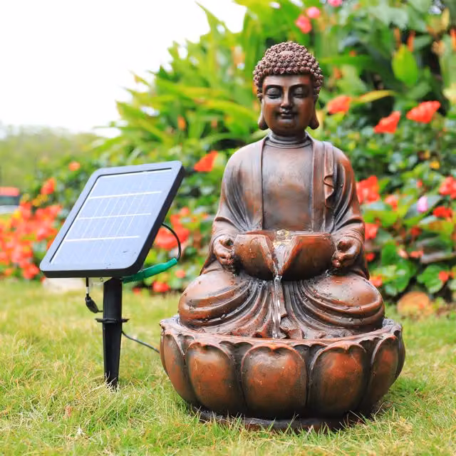Livingandhome Solar-Powered Buddha Tabletop Water Feature Fountain in Gold and Brown Resin