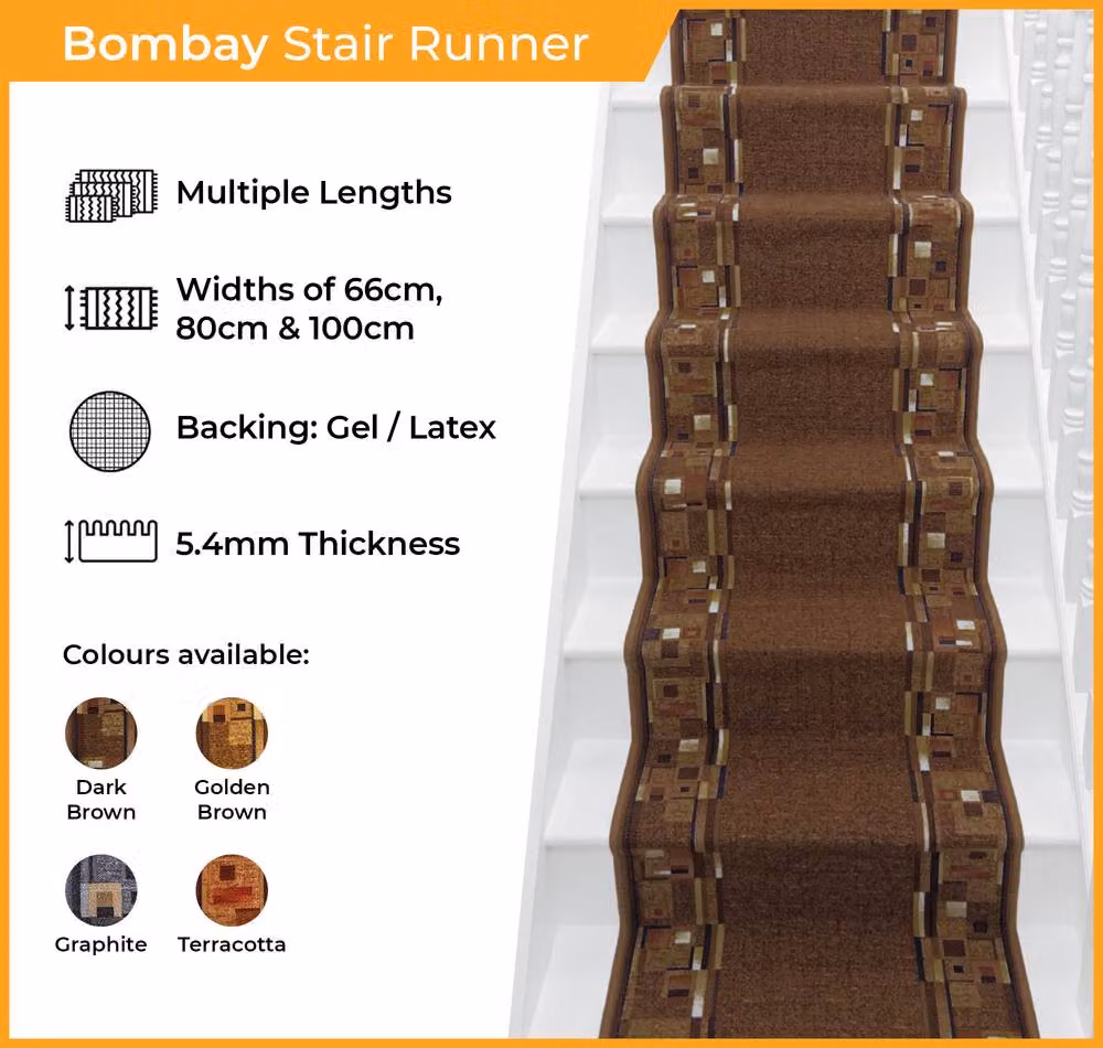 runrug Bombay Stair Runner Carpet, Non-Slip, Dark Grey, W: 66 cm, L: 690 cm – 2