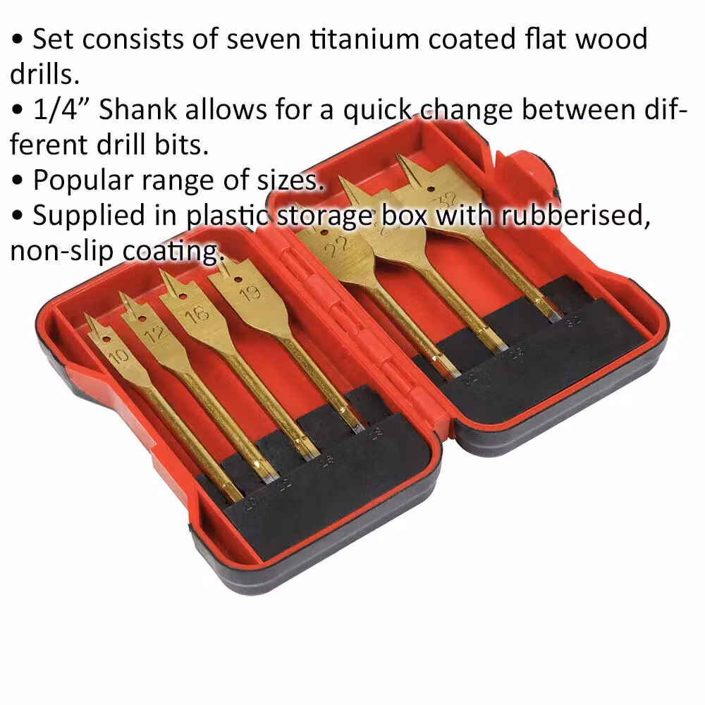 Loops 7 Piece Titanium Coated Flat Wood Drill Bit Set with 1/4 inch Hex Shank and Storage Box in Gold and Multicolour – 2