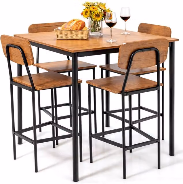 Costway Industrial Dining Table Set with 4 Stools in Brown