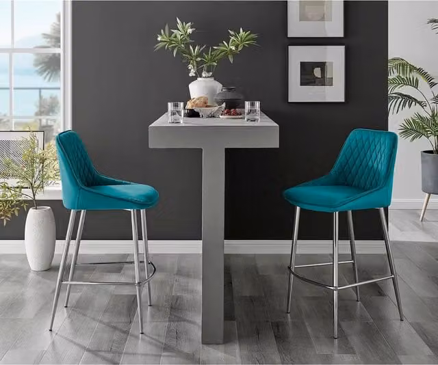 FurnitureboxUK Set of 2 Fletcher Blue Velvet Breakfast Bar Stools with Silver Metal Legs