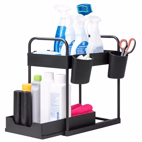 Innoteck 2-Tier Under Sink Organiser Storage Rack with 4 Hooks and 2 Cups, Matte Black, H: 40 cm, L: 39 cm, D: 30 cm