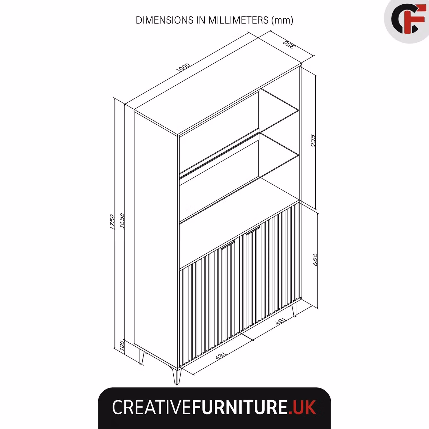 Creative Furniture Tide Crest Modern Fluted Display Cabinet in Dark Grey, Height: 175 cm – 4