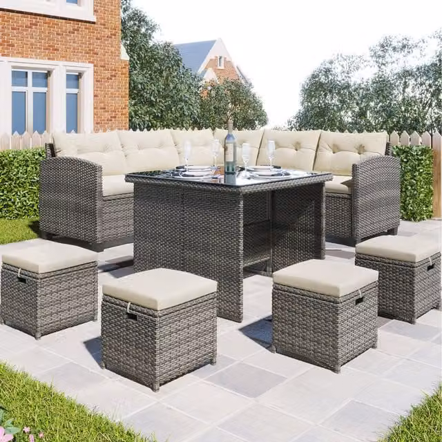 Home Touch Interior 8-Seater Modern Rattan Patio Furniture Set in Grey, Beige and Black