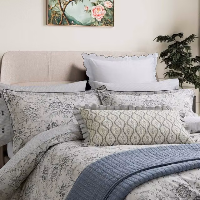 Bedeck of Belfast Elena Kingsize Cotton Percale Duvet Cover and Pillowcase Set, Grey/Green/Silver Floral