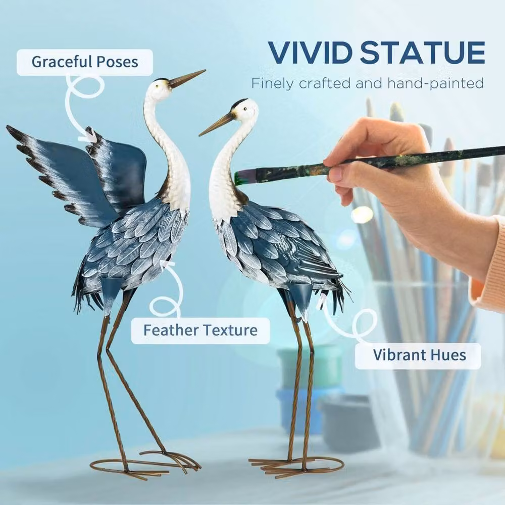VOGREX Blue and White Metal Heron Standing Garden Ornament – 3