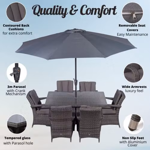 Giardino Arizona Rattan 6 Seater Garden Dining Set in Grey and Brown with W/D/H: 150 x 100 x 74 cm – 2