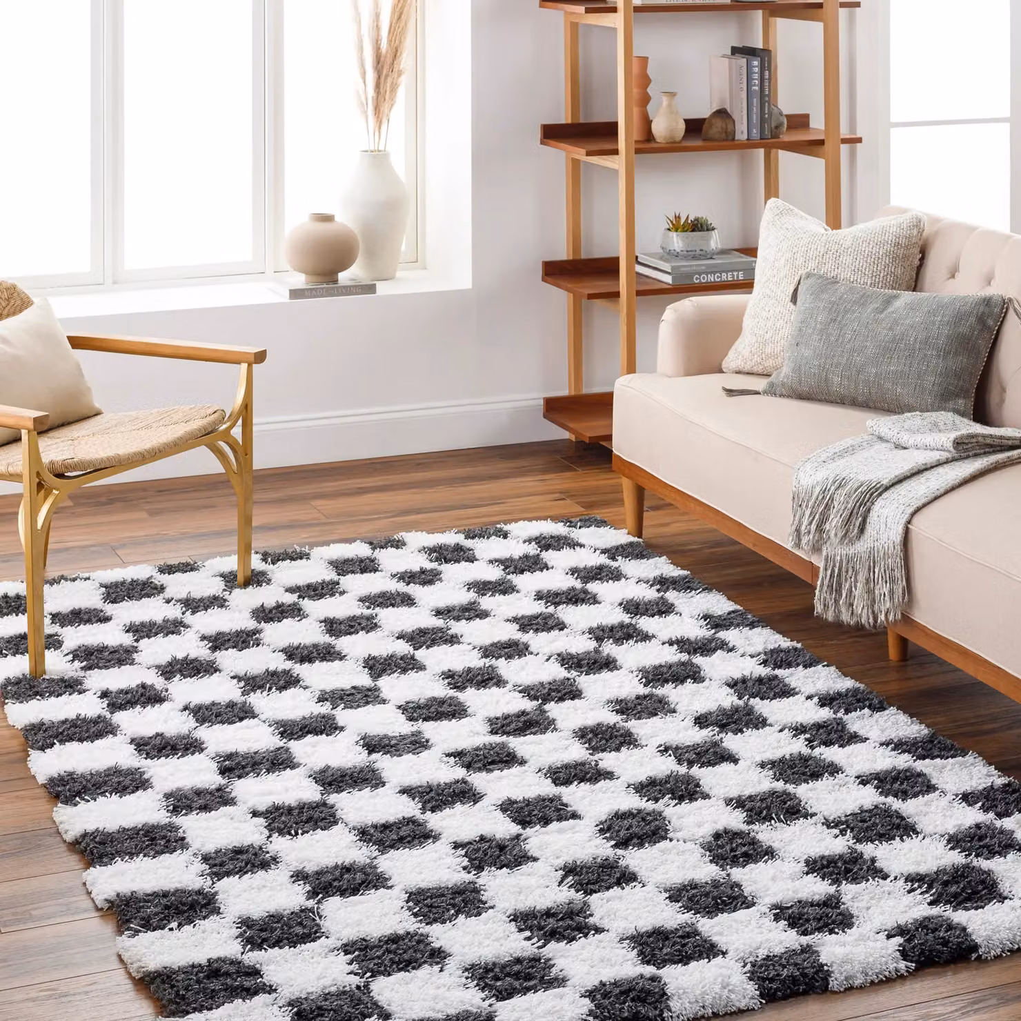 Livabliss Urban Checkerboard Plush Pile Living Room Rug in Yellow, Black, Beige and Pink, W: 160 cm, D: 220 cm – 7