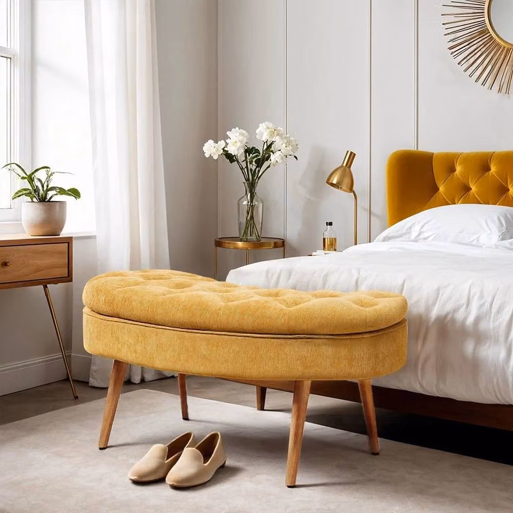 EONLION Mustard Yellow Upholstered Storage Bench and Window Seat Stool – 3