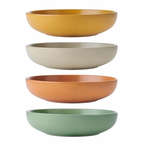 KitchenCraft Idilica Stoneware Pasta Bowls, Set of 4, Assorted Colours (Mustard, Terracotta, Green), Diameter: 21 cm