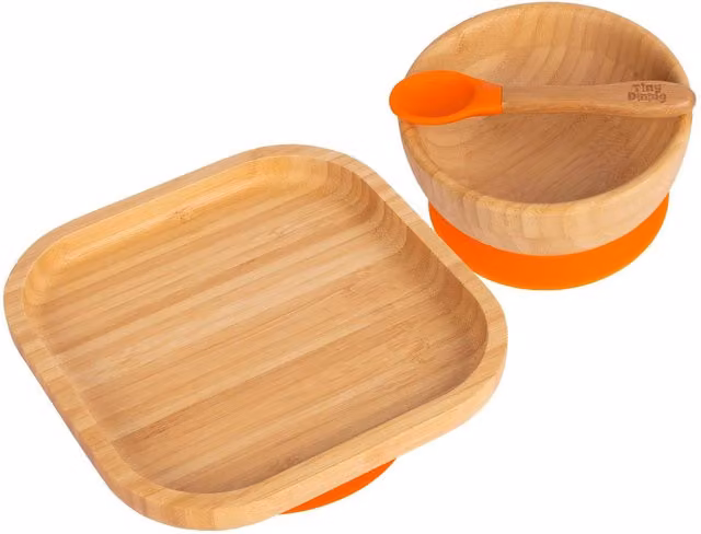 Tiny Dining Childrens Bamboo and Silicone Suction Square Dinner Set in Orange