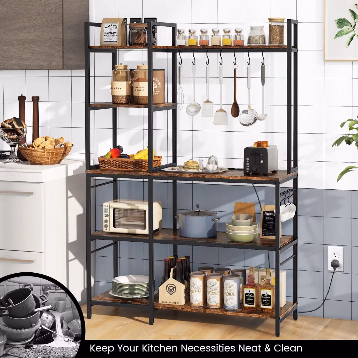 Costway 5-Tier Bakers Rack and Coffee Bar Table in Brown, Height: 159 cm – 4