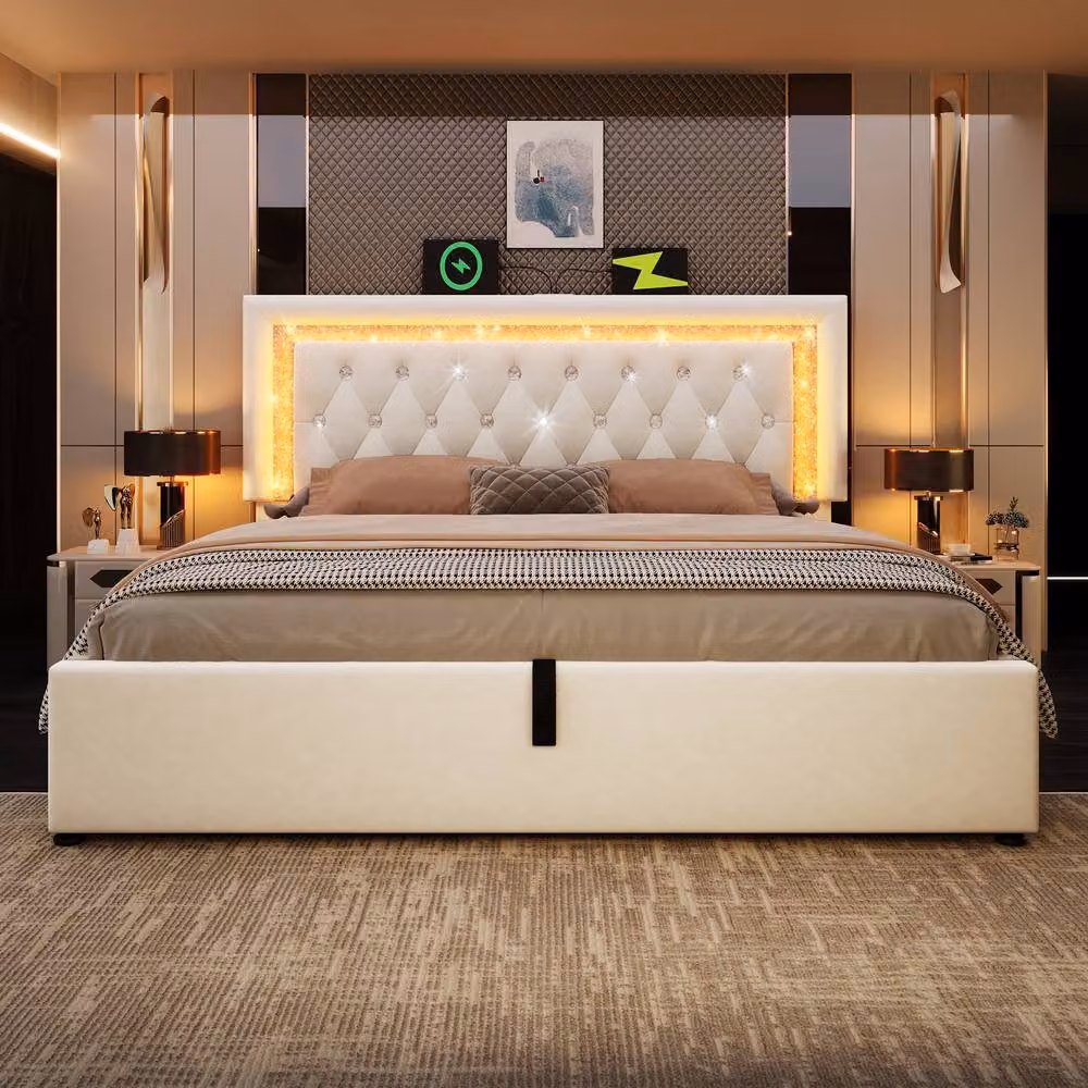 Matteo Beige Velvet Upholstered Double Bed with LED Lighting, USB Charging Port and Hydraulic Storage, W: 135 cm, L: 190 cm – 6