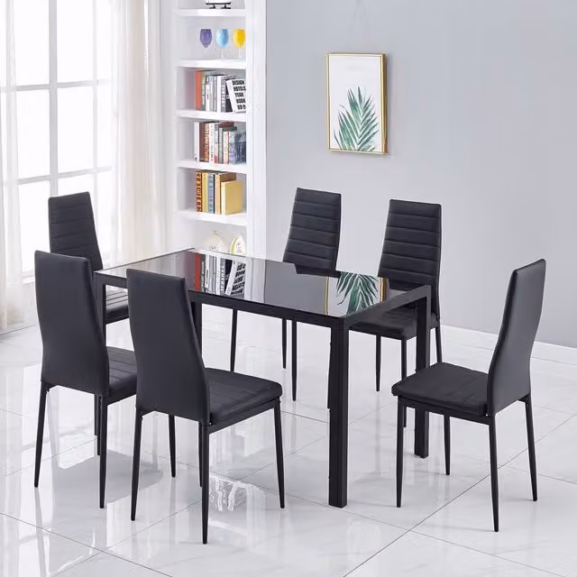 Kosy Koala Black Glossy Glass Rectangular Dining Table Set with 6 Chairs